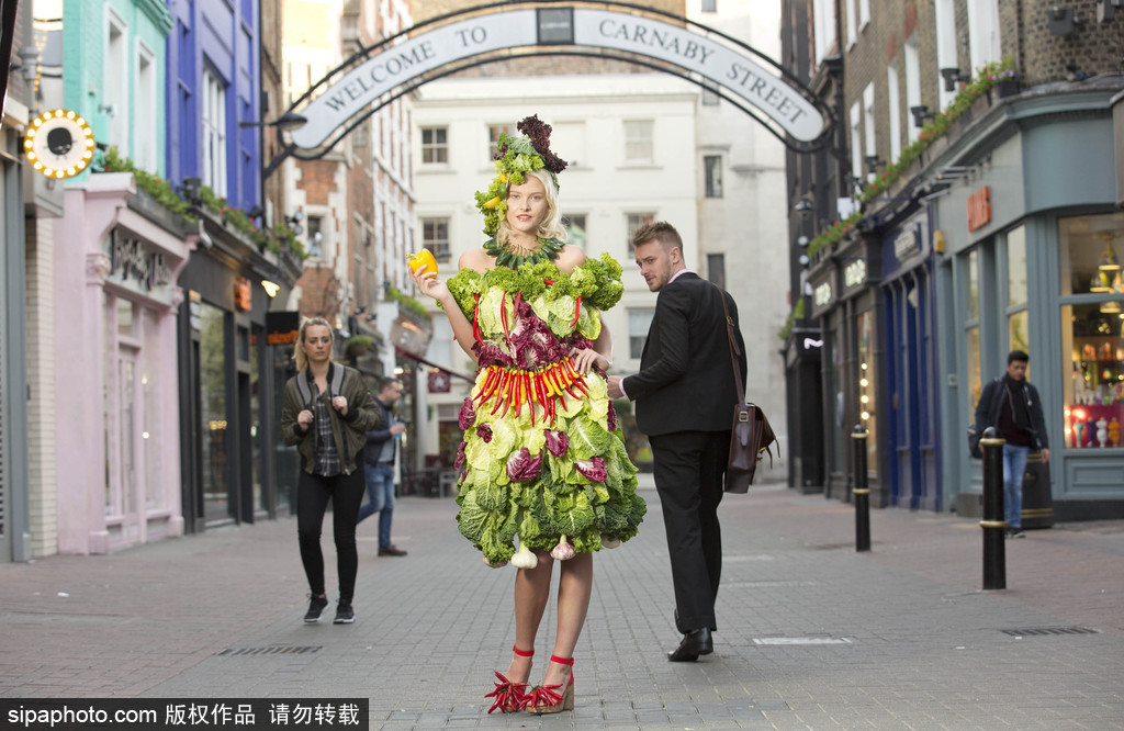 時(shí)尚bug沖擊！ 英國(guó)模特展示沙拉材料制成服裝