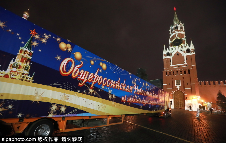迎接圣誕節(jié)！ 巨型圣誕樹搭乘卡車運(yùn)抵克里姆林宮