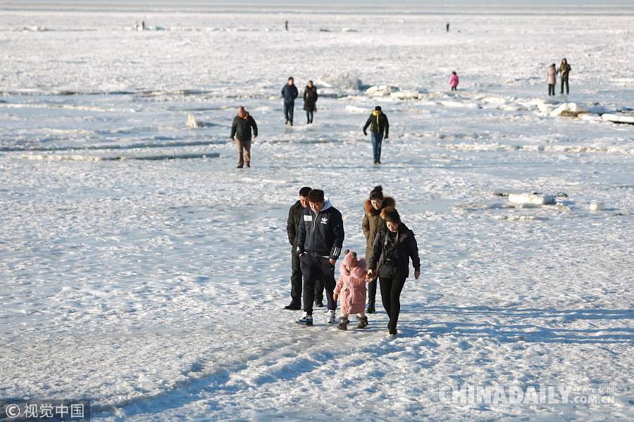 大連海水浴場變冰海 游人踏冰探險“極地冰原”