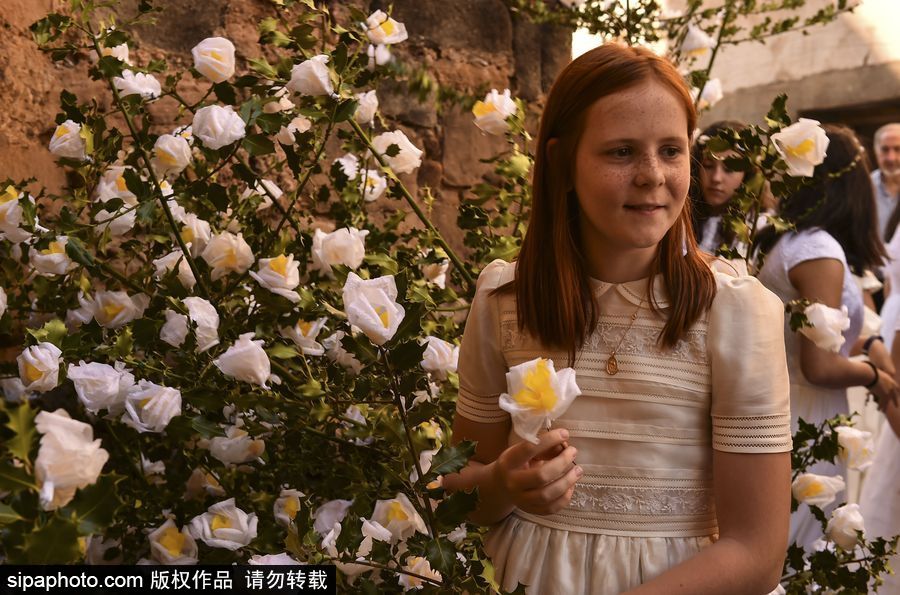西班牙小鎮慶祝傳統節日 百名白衣“圣女”舉鮮花游行